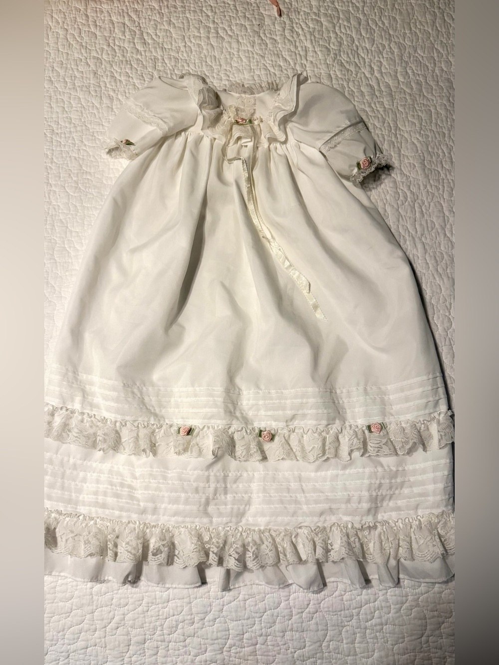 Ivory Baby Christening Gown with Lace & Pink Rose Accents